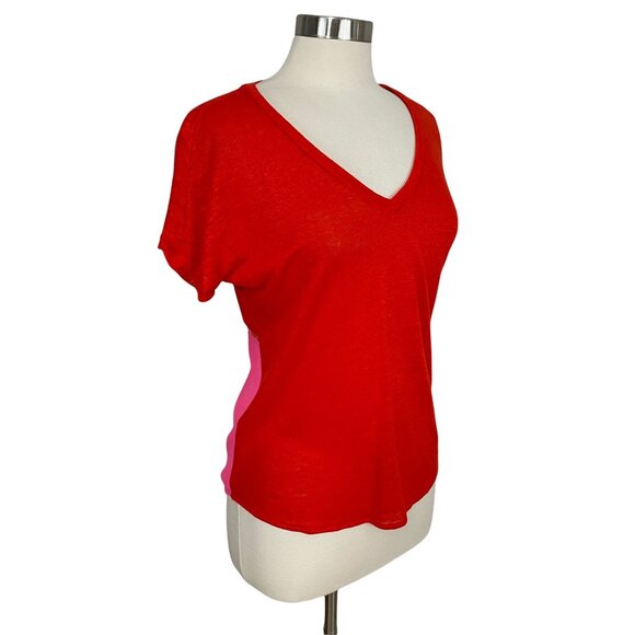 Sandro SMALL 1 Red Pink Linen Blend Color Block Lightweight Short Sleeve T-Shirt - Picture 3 of 9